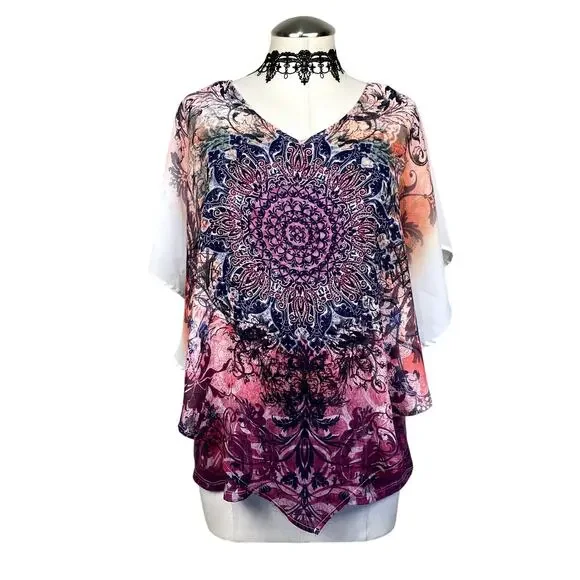 y2K Rhinestone Pink Mandala Butterfly Whimsigoth Fairycore Coquette Blouse Sz S - Picture 1 of 15